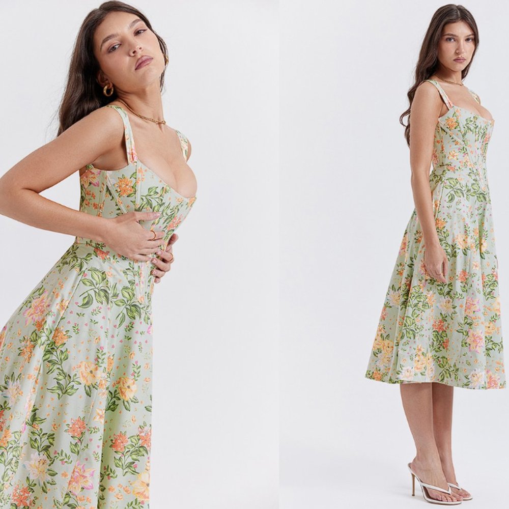 HOUSE OF CB 'Saira' Light Jade Print Midi Sundress NWOT - Picture 4 of 11